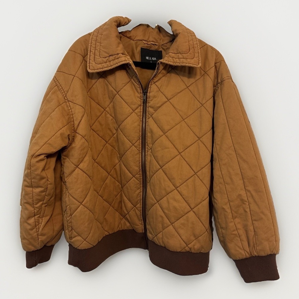 HELLADA Womens Quilted Bomber Jacket Full Zip Pockets Caramel Brown L VN1247024